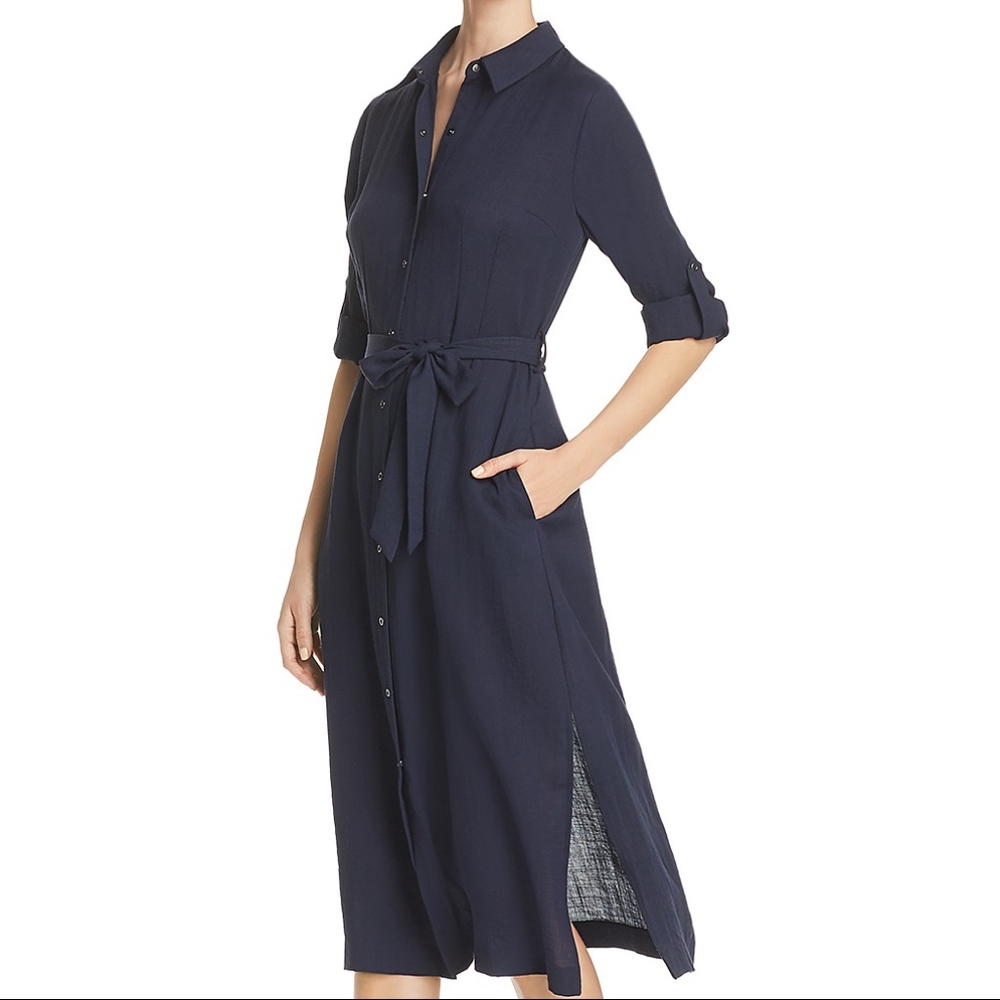 Tahari Millie Button Down Collared Long Sleeve Navy Blue Midi Dress Small 4-6